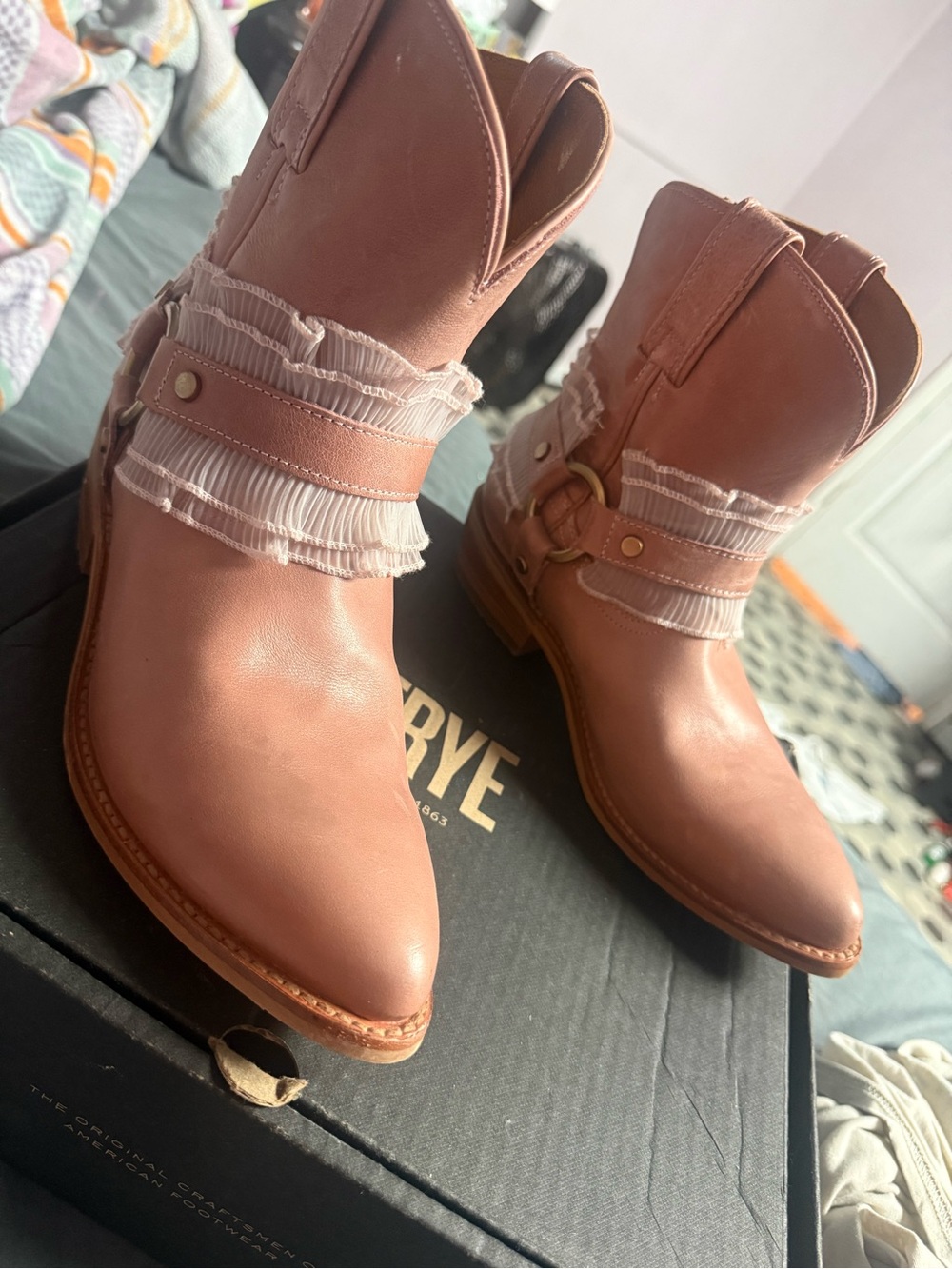 Frye Blush Pink Leather Ruffle-Trim Ankle Boots